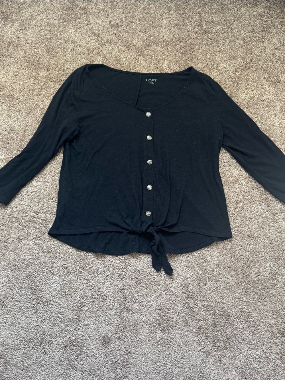 LOFT Black Button-Front Tie Hem Blouse